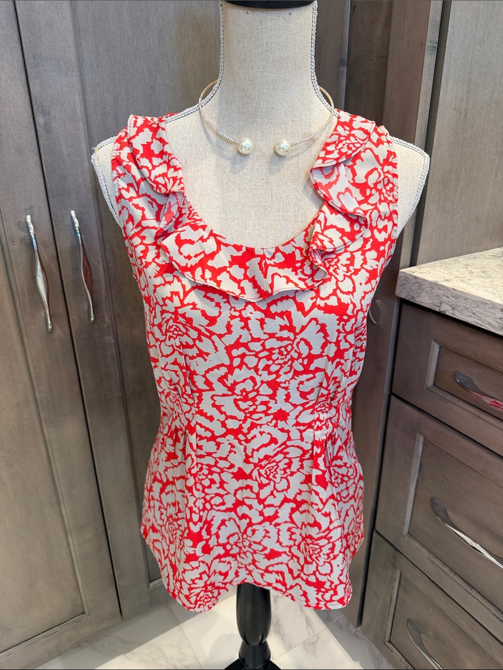 Banana Republic Red and Soft Grey Floral Ruffle Neck Blouse